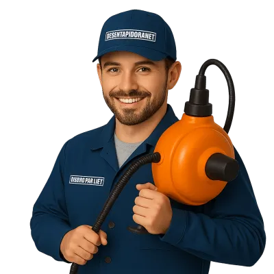 Profissional de desentupimento segurando equipamento